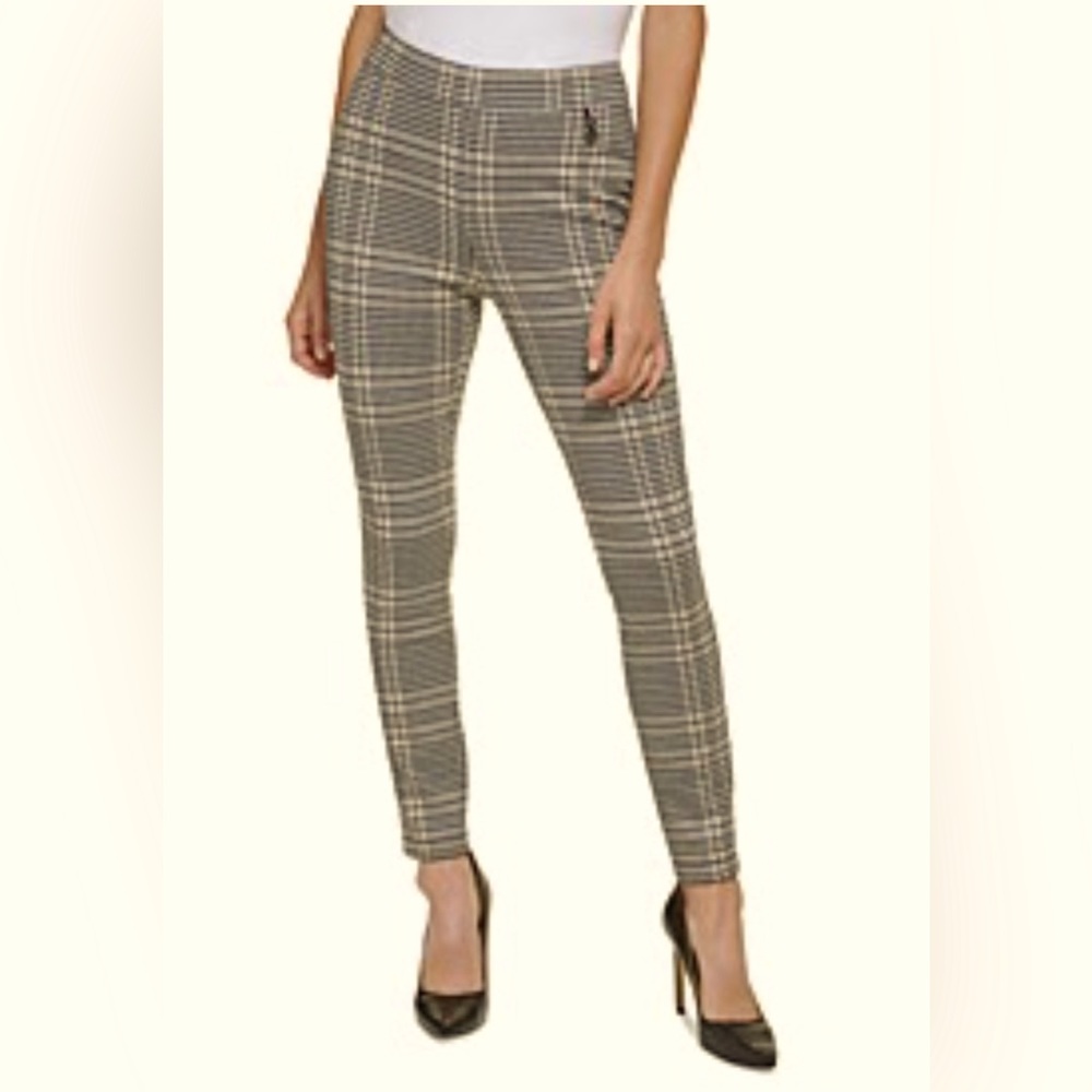CALVIN KLIEN TWILL High RISE PULL ON PANTS BLACK CAMEL AND IVORY